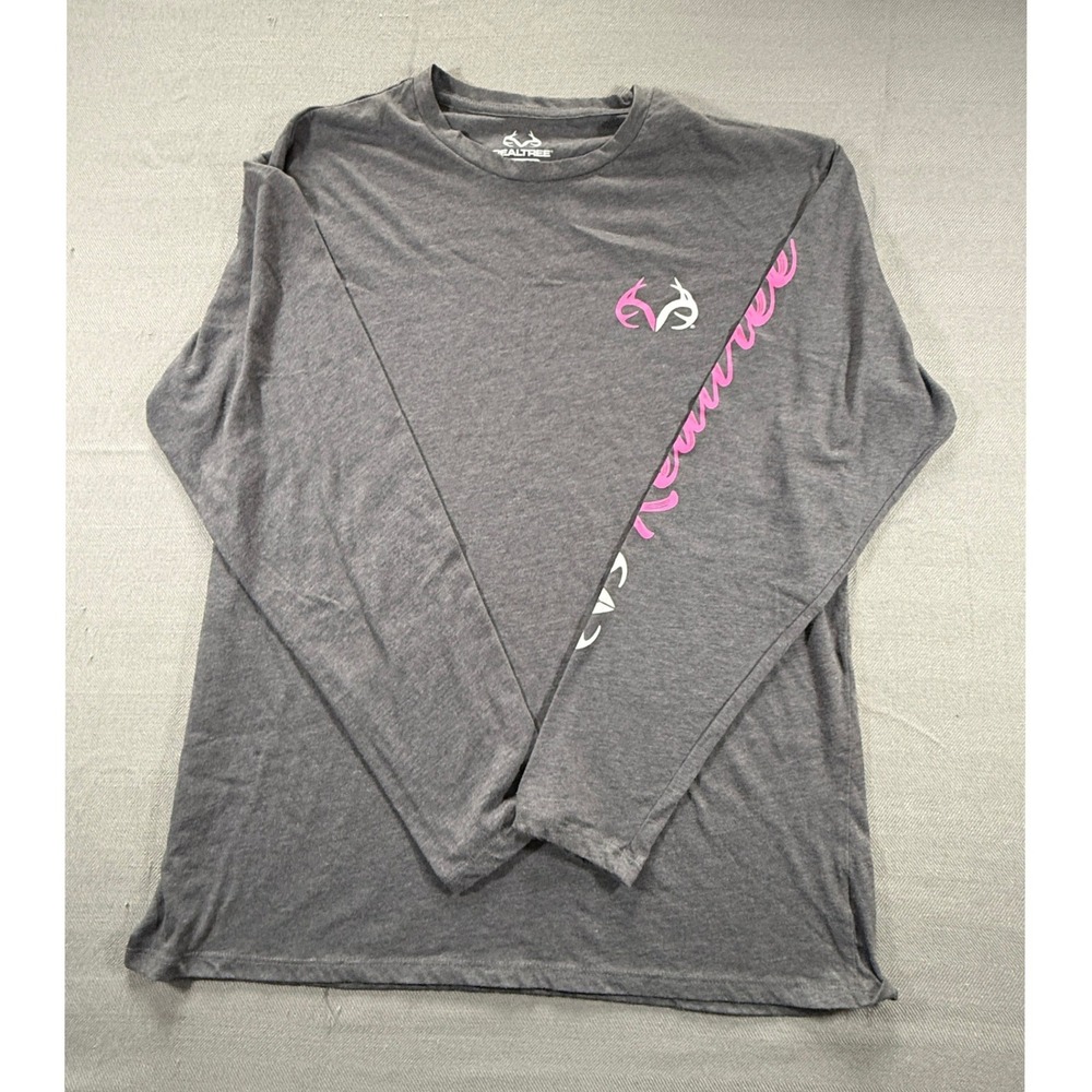 Realtree Mens XL Long Sleeve T-Shirt Gray Pink Logo Antler Outdoors Tee 1716
